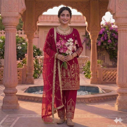 Red Color Designer Heavy Natural Crepe Silk Salwar Suit