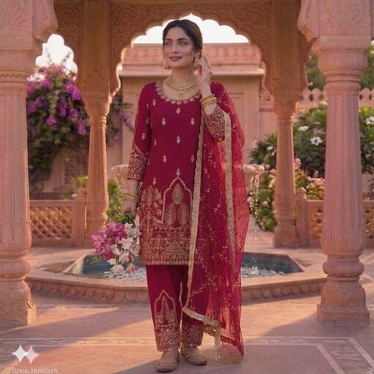 Red Color Designer Heavy Natural Crepe Silk Salwar Suit