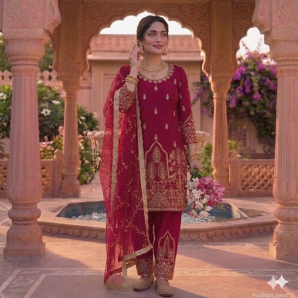 Red Color Designer Heavy Natural Crepe Silk Salwar Suit
