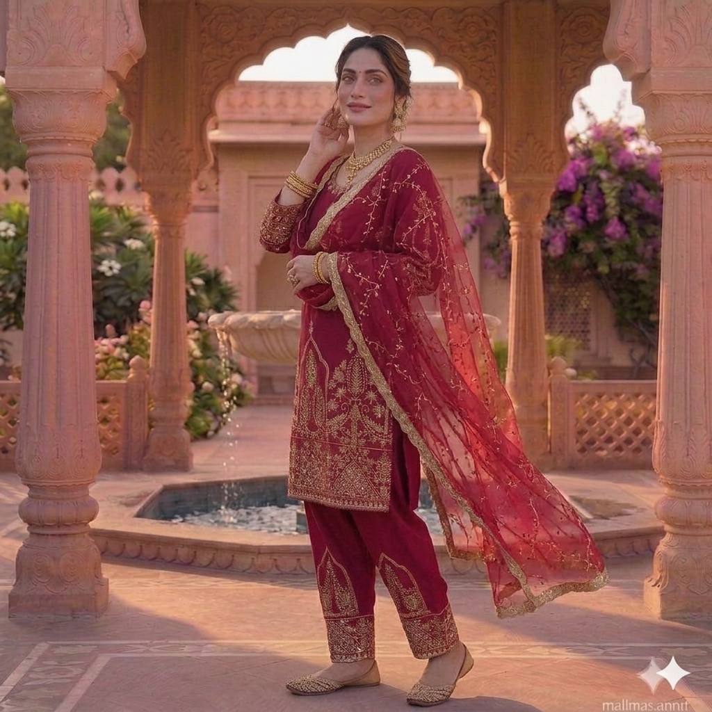 Red Color Designer Heavy Natural Crepe Silk Salwar Suit