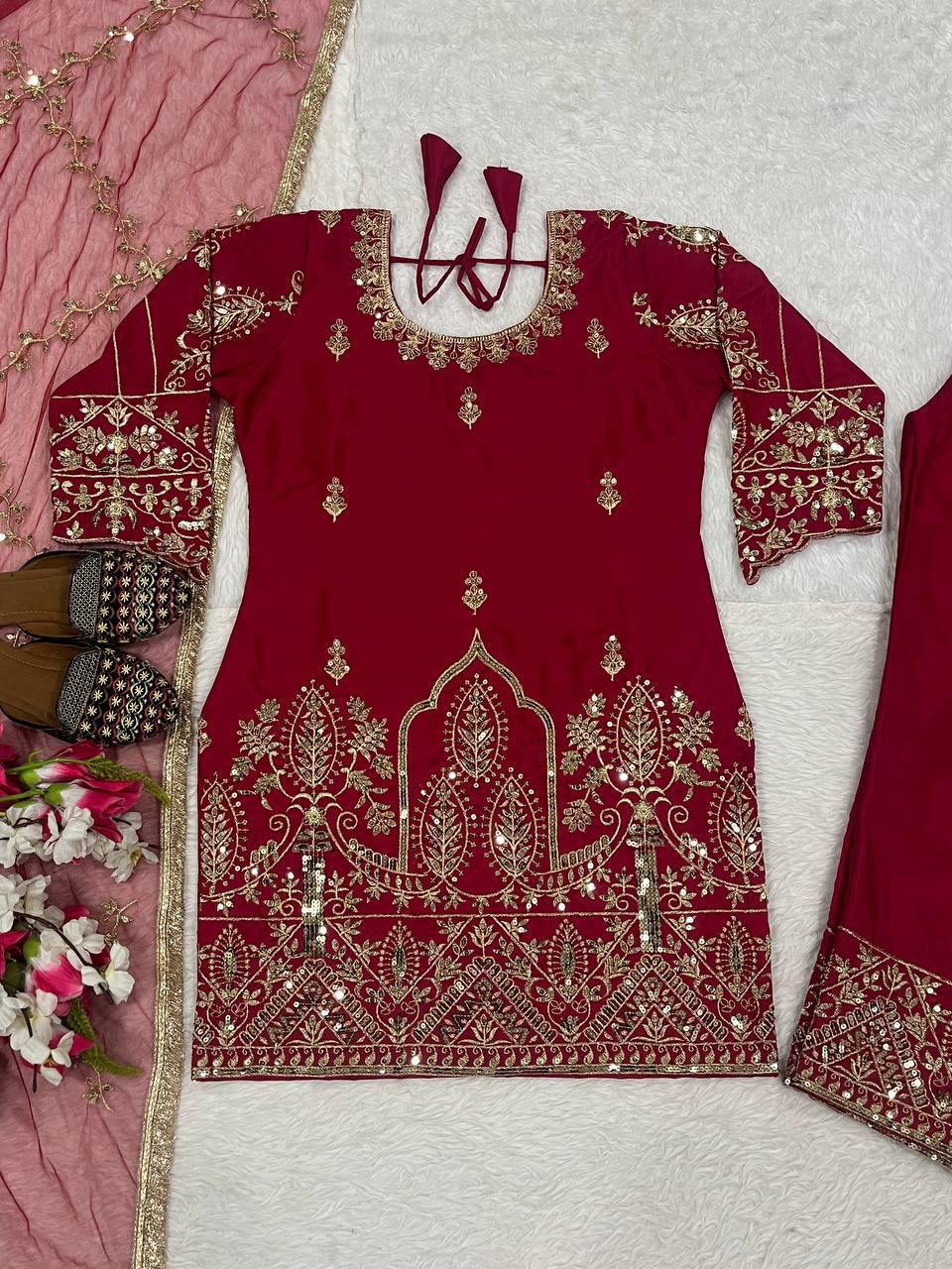 Red Color Designer Heavy Natural Crepe Silk Salwar Suit