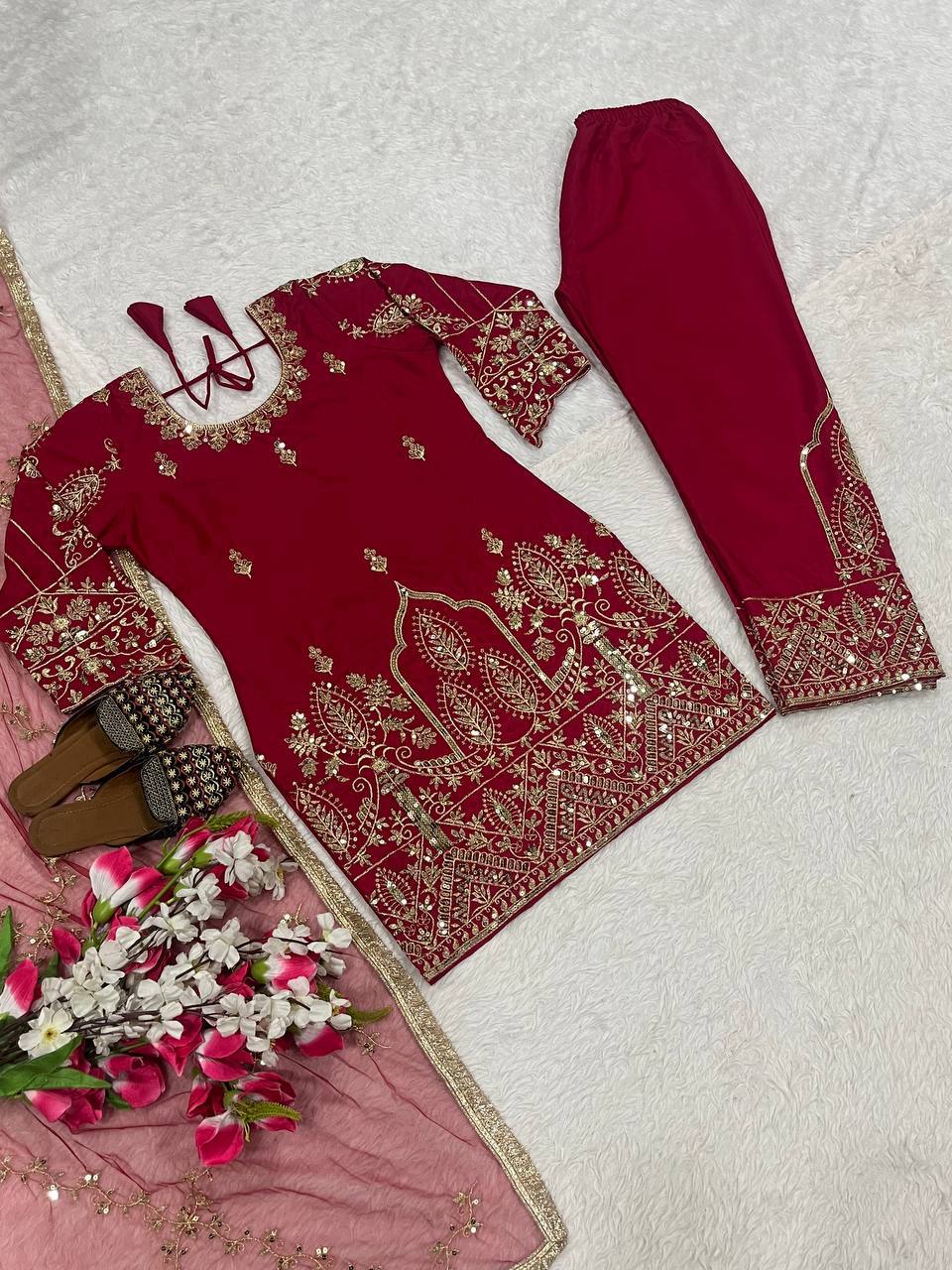 Red Color Designer Heavy Natural Crepe Silk Salwar Suit
