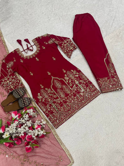 Red Color Designer Heavy Natural Crepe Silk Salwar Suit