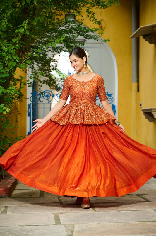 Festivals Wear Orange Color Embroidered Top With Lehenga