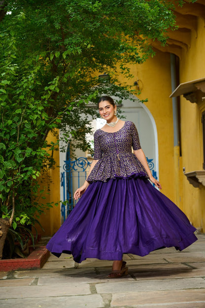 Festivals Wear Purple Color Embroidered Top With Lehenga