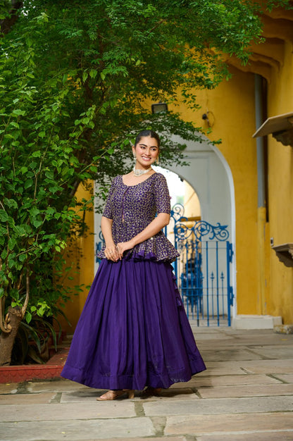 Festivals Wear Purple Color Embroidered Top With Lehenga