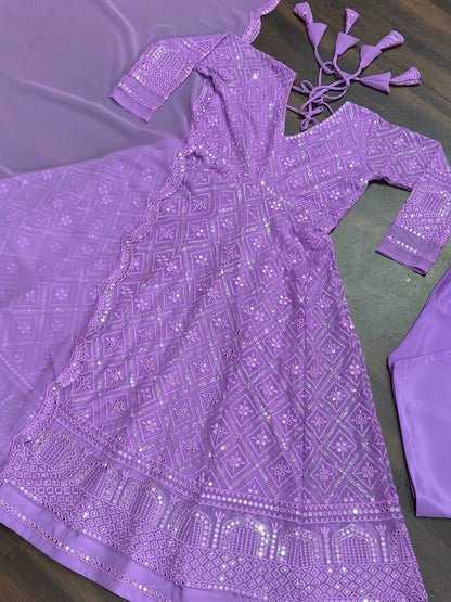Wedding Wear Lavender Color Faux Blooming With Sequins And Thread Embroidered Work Anarkali Gown
