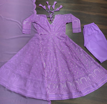 Wedding Wear Lavender Color Faux Blooming With Sequins And Thread Embroidered Work Anarkali Gown
