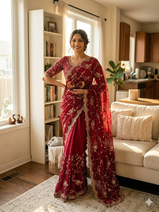 Elegant Rose Pink Color Chiffon Embroidery Work Saree