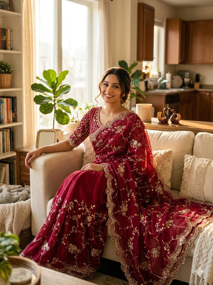 Elegant Rose Pink Color Chiffon Embroidery Work Saree