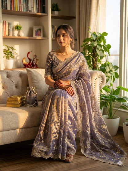 Elegant Lavneder Color Chiffon Embroidery Work Saree