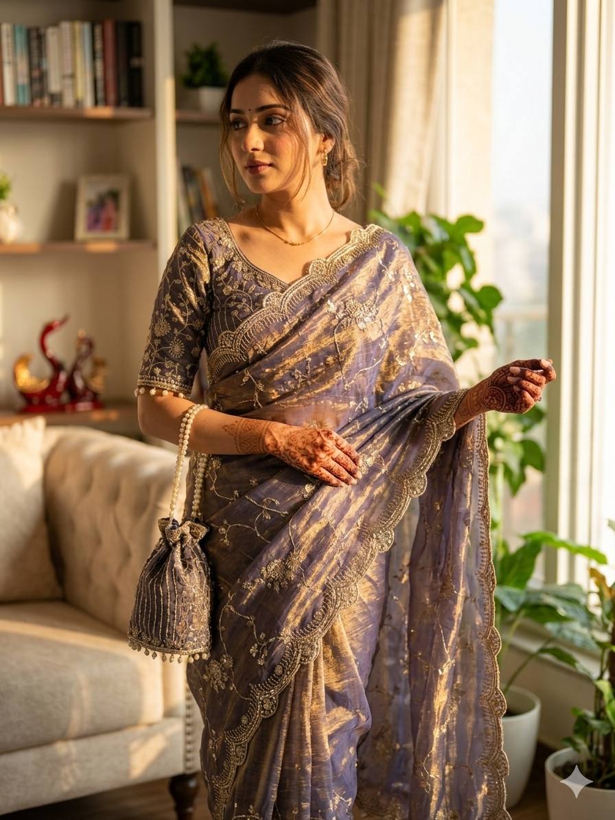 Elegant Lavneder Color Chiffon Embroidery Work Saree