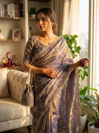 Elegant Lavneder Color Chiffon Embroidery Work Saree
