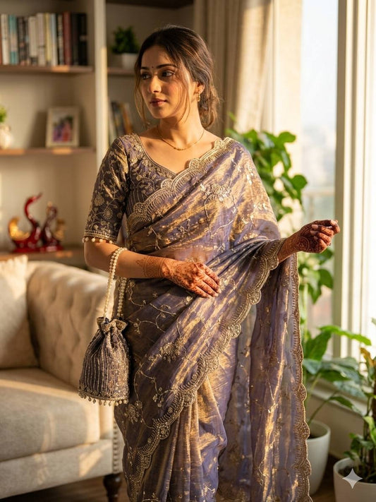 Elegant Lavneder Color Chiffon Embroidery Work Saree