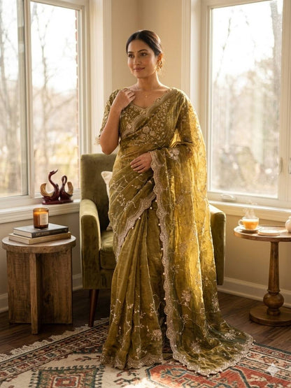 Elegant Green Color Chiffon Embroidery Work Saree