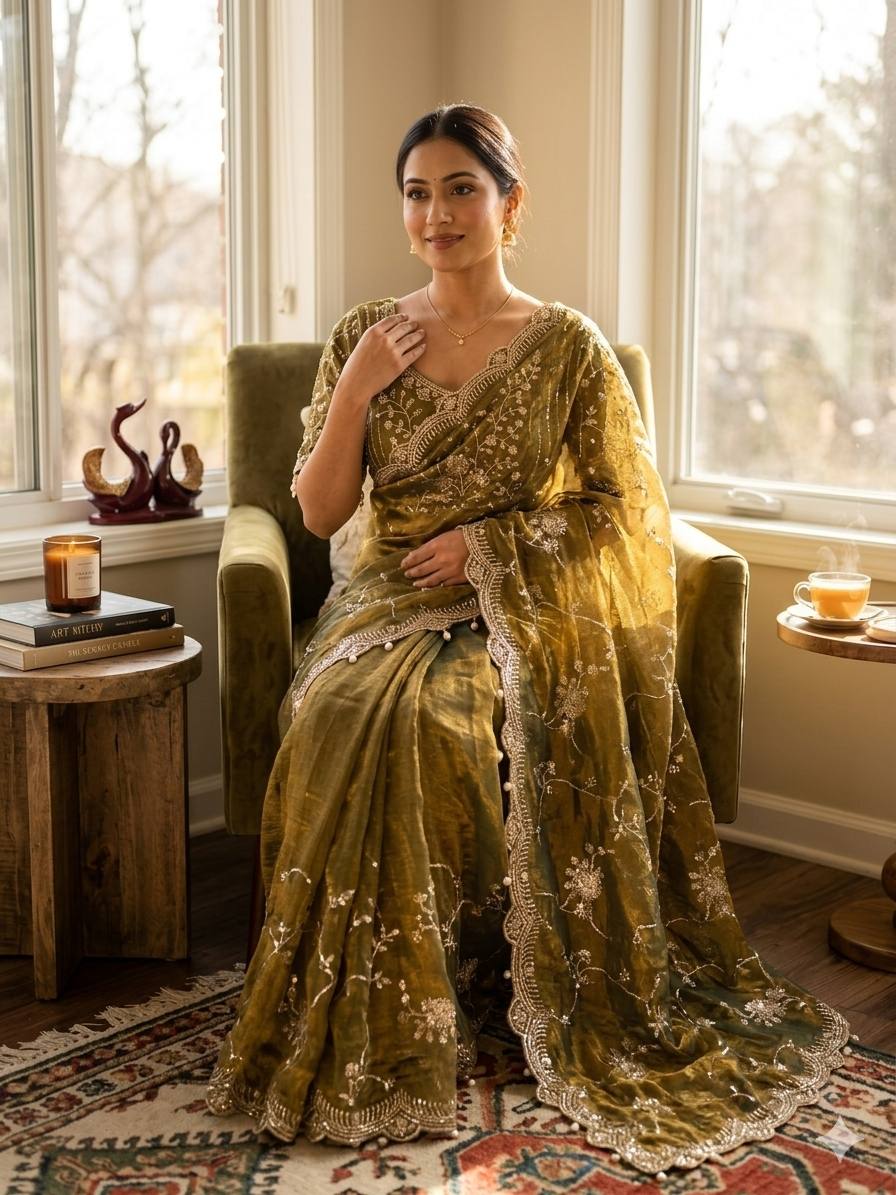 Elegant Green Color Chiffon Embroidery Work Saree
