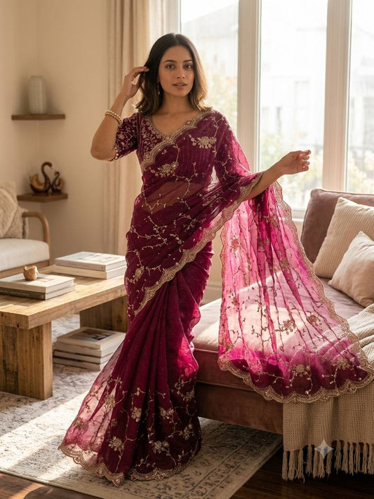 Elegant Wine Color Chiffon Embroidery Work Saree