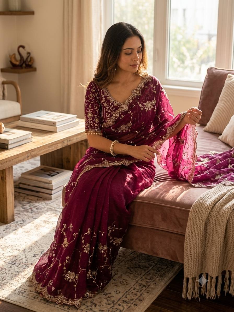 Elegant Wine Color Chiffon Embroidery Work Saree