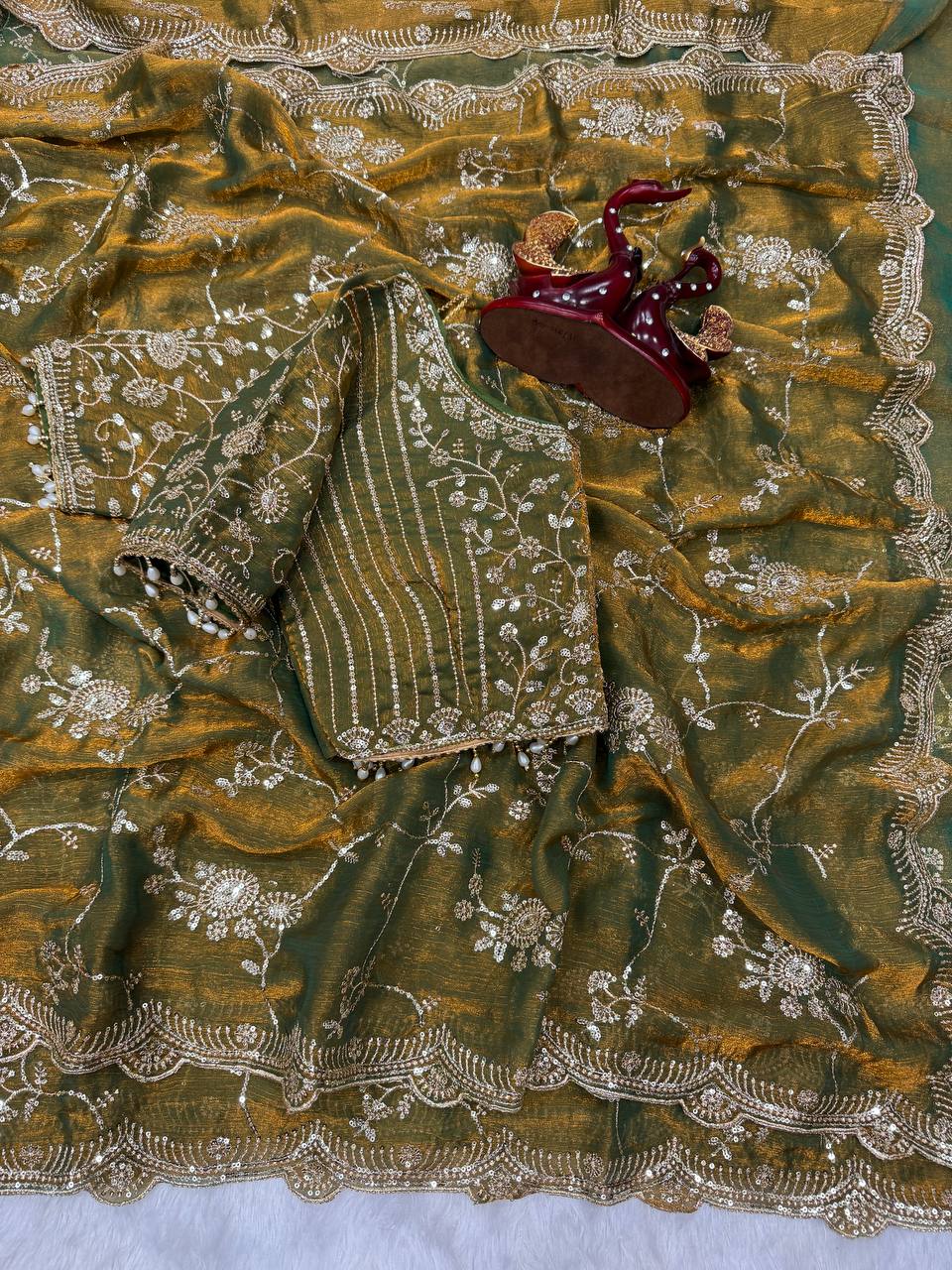 Elegant Green Color Chiffon Embroidery Work Saree