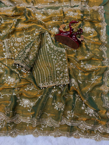 Elegant Green Color Chiffon Embroidery Work Saree