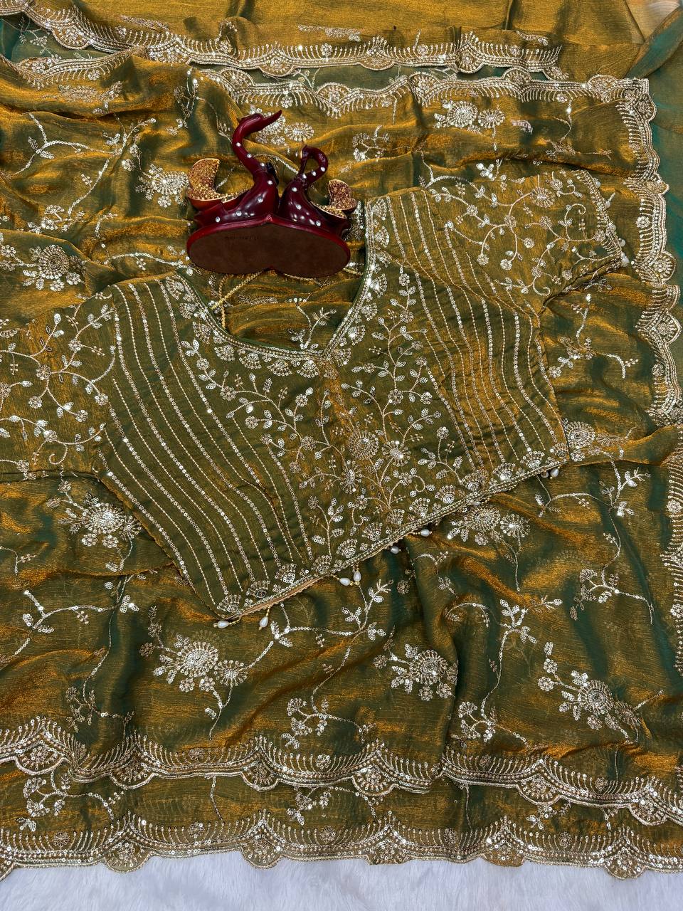 Elegant Green Color Chiffon Embroidery Work Saree