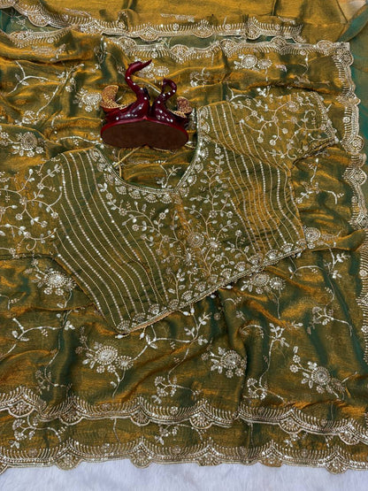 Elegant Green Color Chiffon Embroidery Work Saree