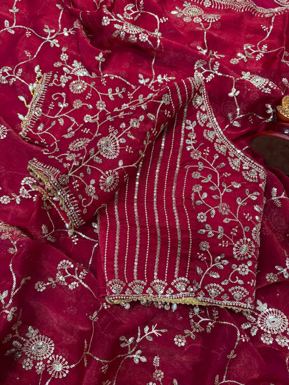 Elegant Rose Pink Color Chiffon Embroidery Work Saree