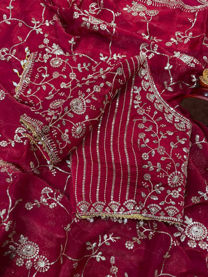 Elegant Rose Pink Color Chiffon Embroidery Work Saree