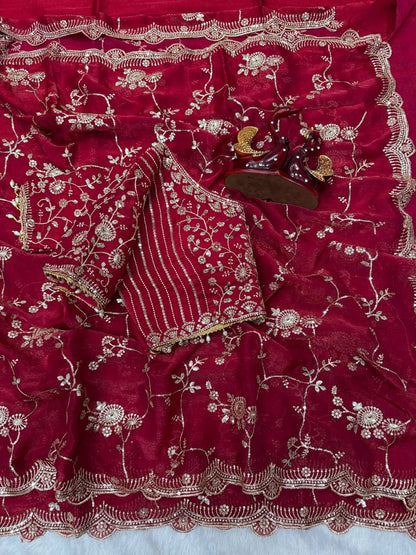 Elegant Rose Pink Color Chiffon Embroidery Work Saree