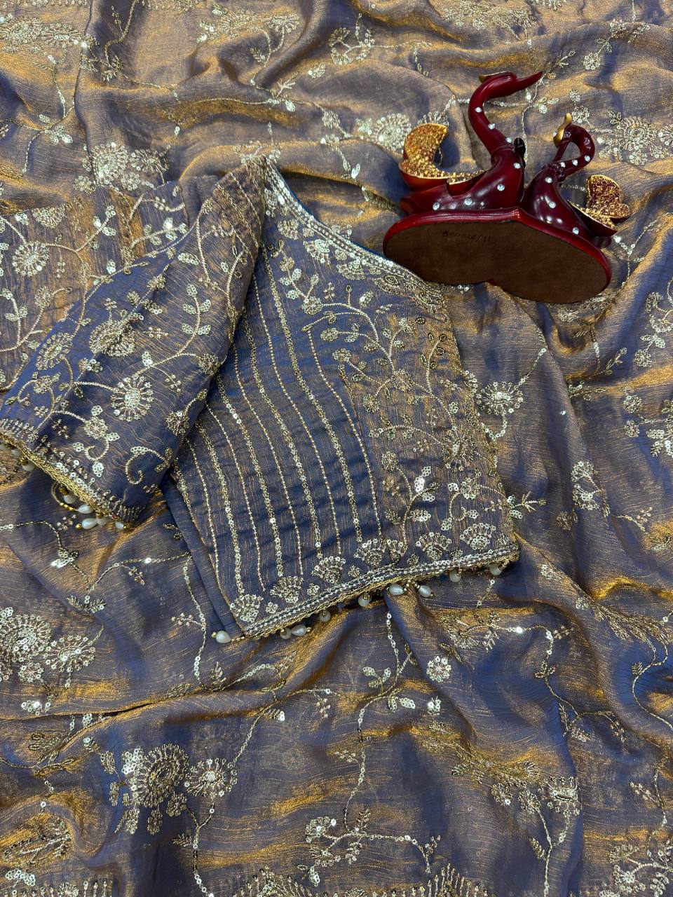 Elegant Lavneder Color Chiffon Embroidery Work Saree