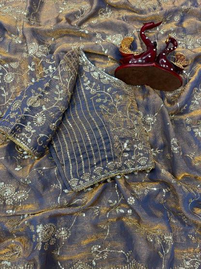Elegant Lavneder Color Chiffon Embroidery Work Saree