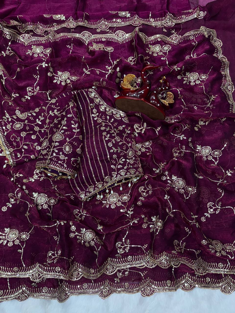 Elegant Wine Color Chiffon Embroidery Work Saree