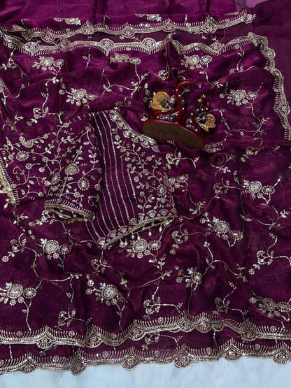 Elegant Wine Color Chiffon Embroidery Work Saree