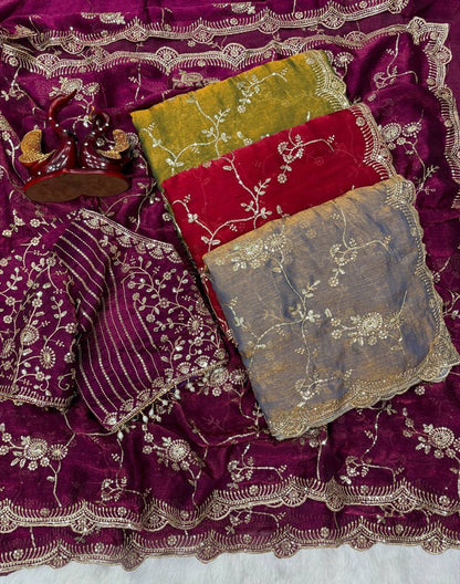 Elegant Wine Color Chiffon Embroidery Work Saree