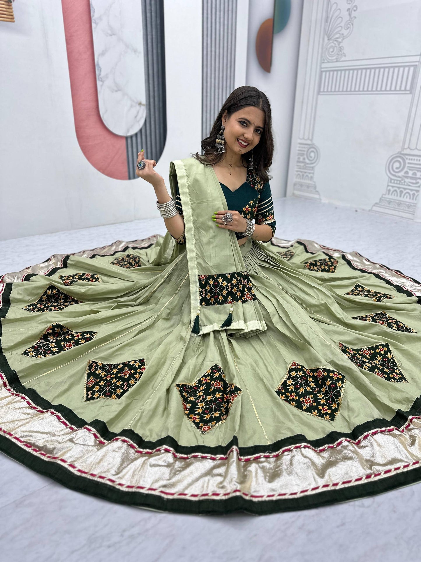Navratri Special Wear Pista Color Pure Cotton Lehenga Choli