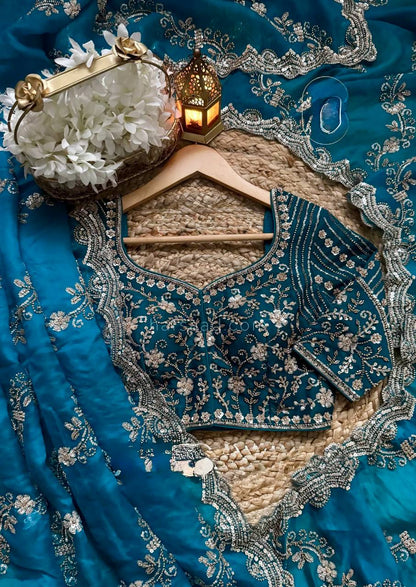 Teal Color Designer Fendy Silk Beads With Sequence Work Saree