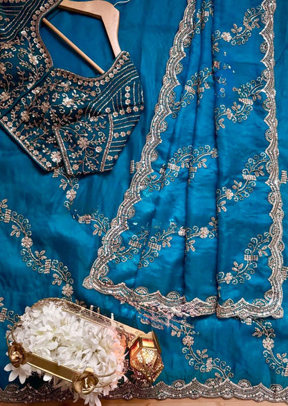 Teal Color Designer Fendy Silk Beads With Sequence Work Saree