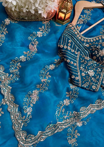 Teal Color Designer Fendy Silk Beads With Sequence Work Saree