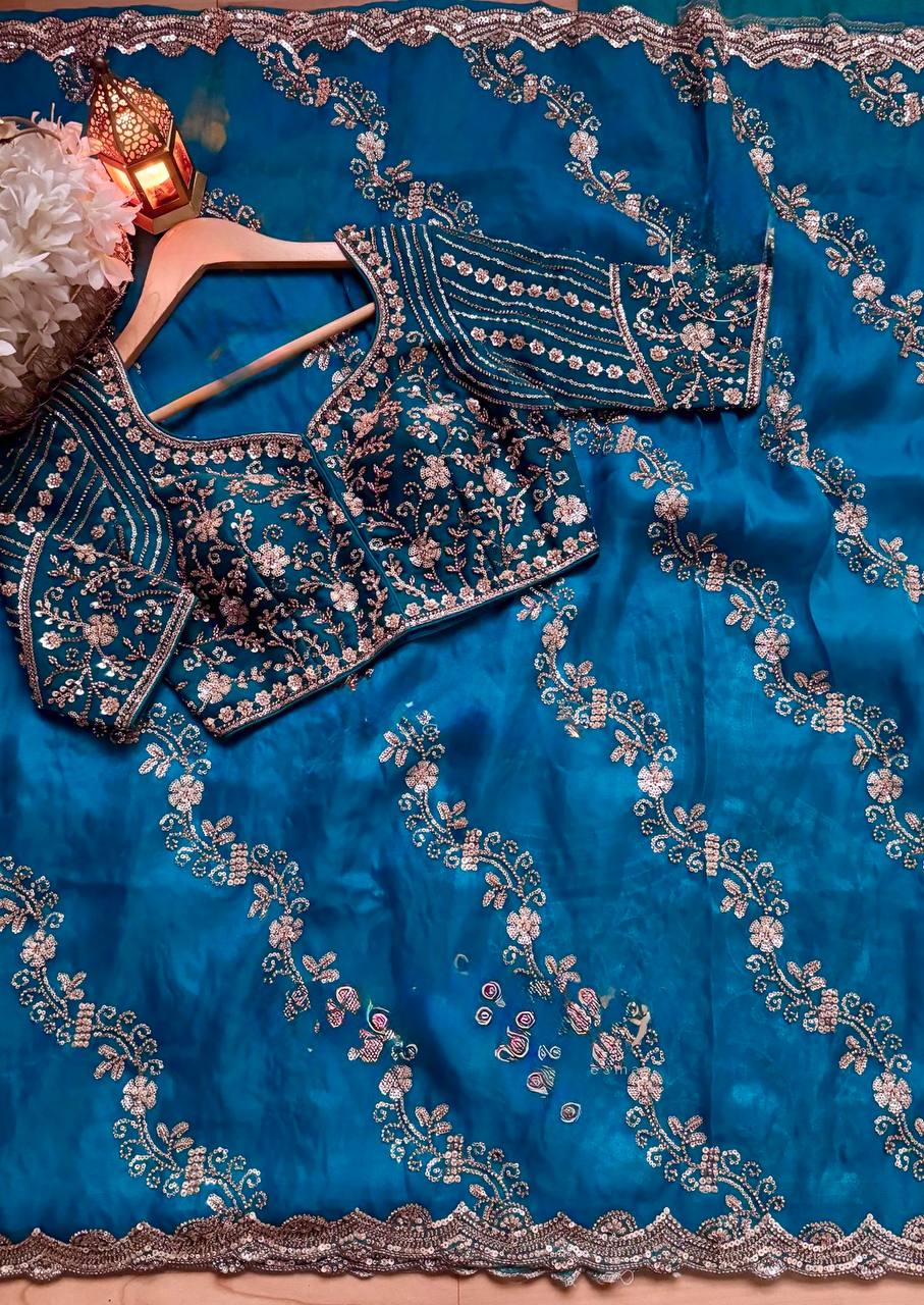 Teal Color Designer Fendy Silk Beads With Sequence Work Saree