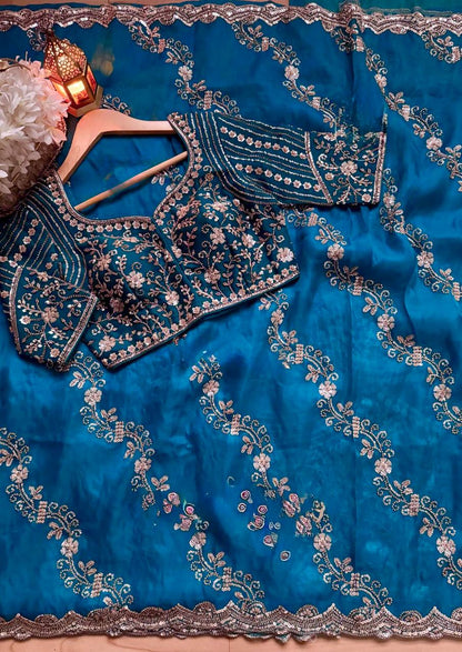 Teal Color Designer Fendy Silk Beads With Sequence Work Saree