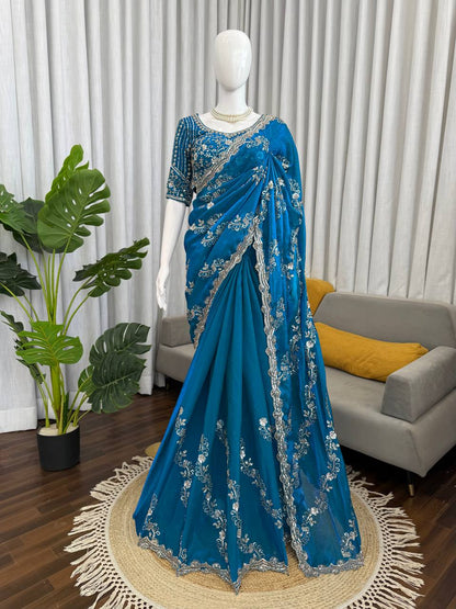 Teal Color Designer Fendy Silk Beads With Sequence Work Saree