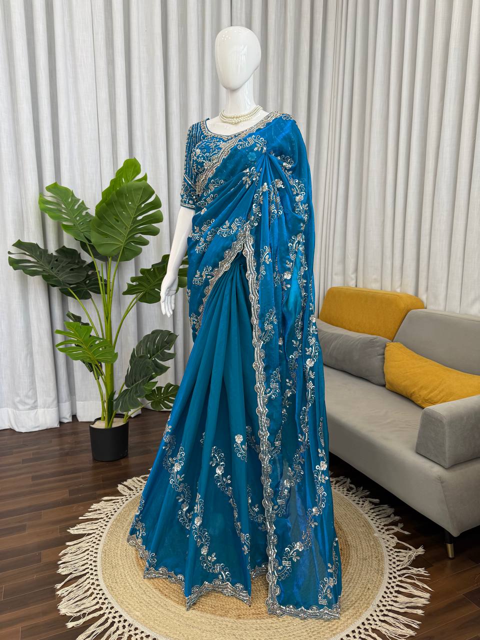 Teal Color Designer Fendy Silk Beads With Sequence Work Saree