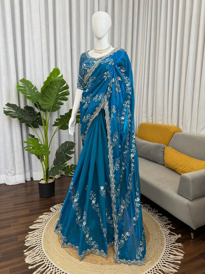 Teal Color Designer Fendy Silk Beads With Sequence Work Saree