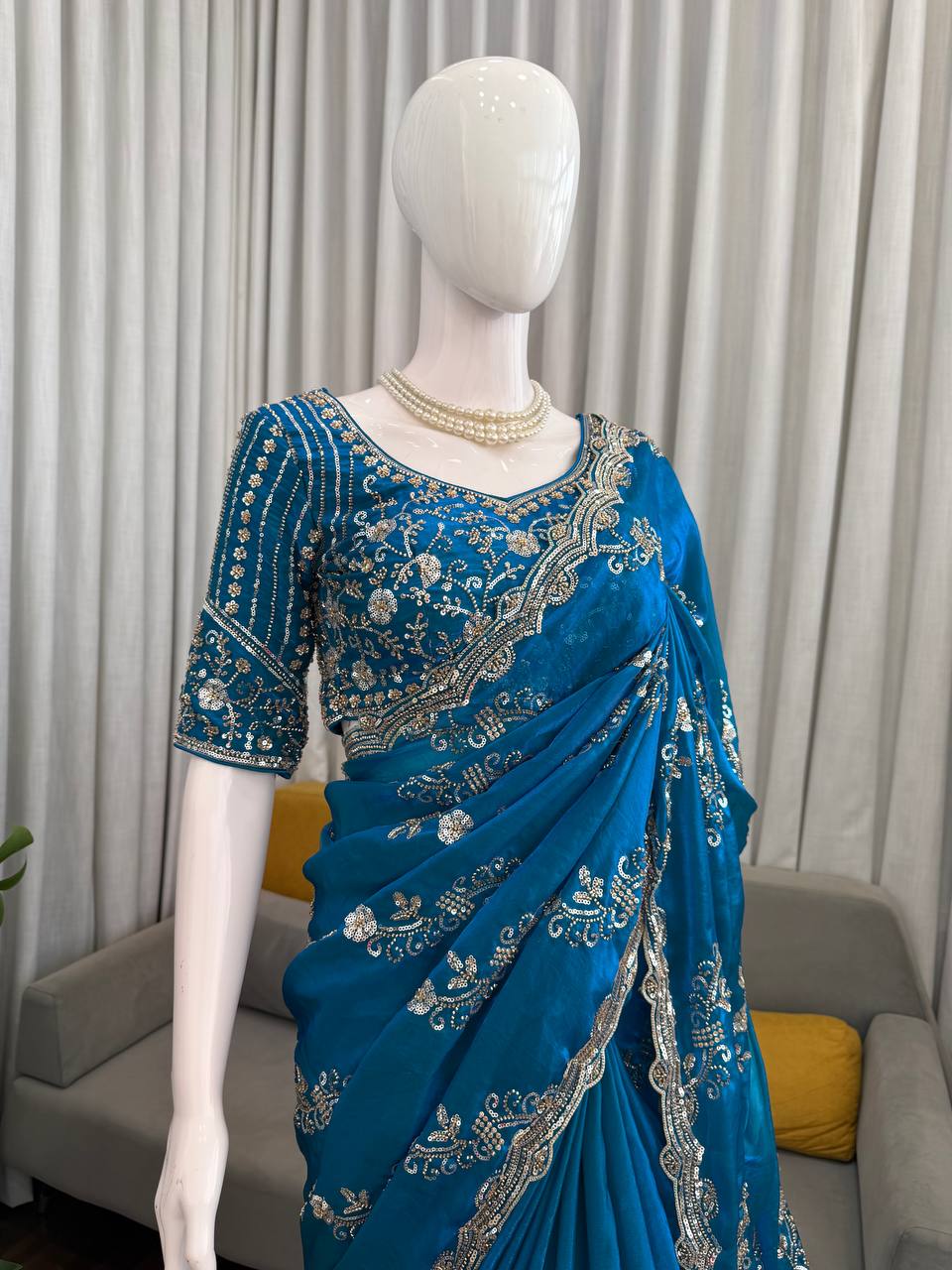 Teal Color Designer Fendy Silk Beads With Sequence Work Saree