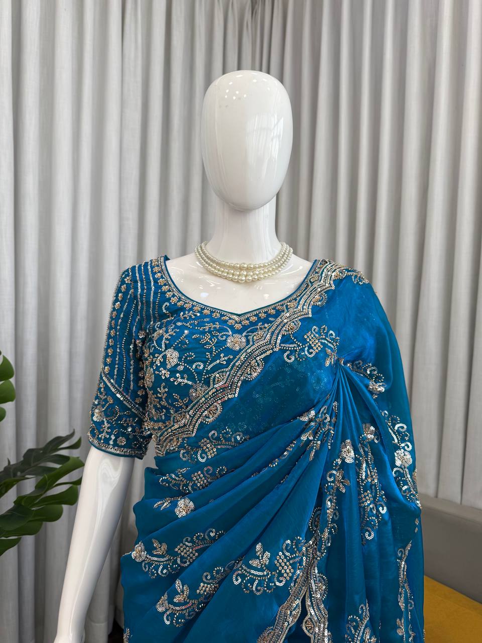 Teal Color Designer Fendy Silk Beads With Sequence Work Saree