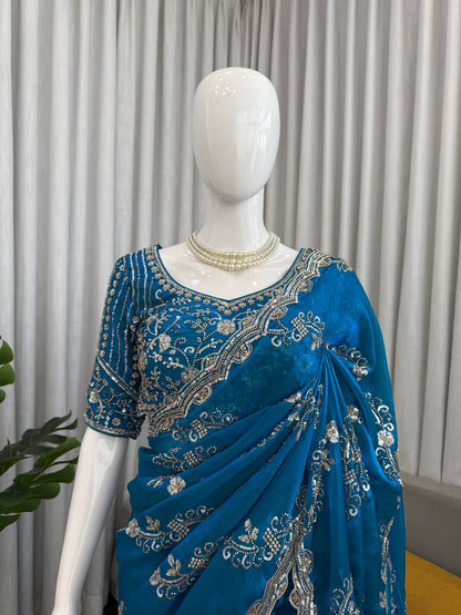 Teal Color Designer Fendy Silk Beads With Sequence Work Saree