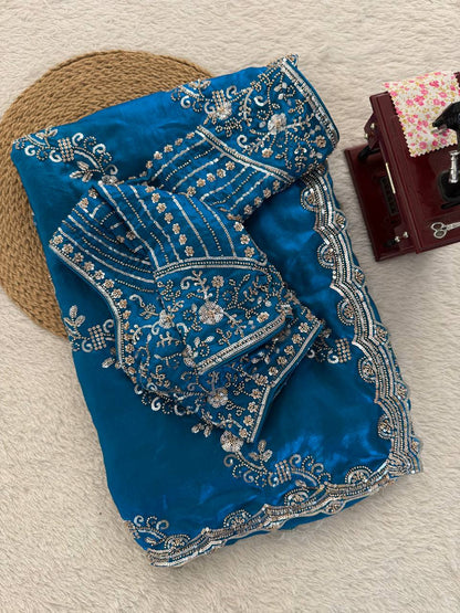 Teal Color Designer Fendy Silk Beads With Sequence Work Saree