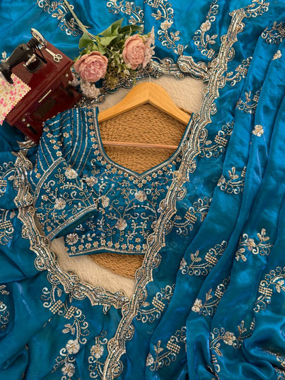 Teal Color Designer Fendy Silk Beads With Sequence Work Saree
