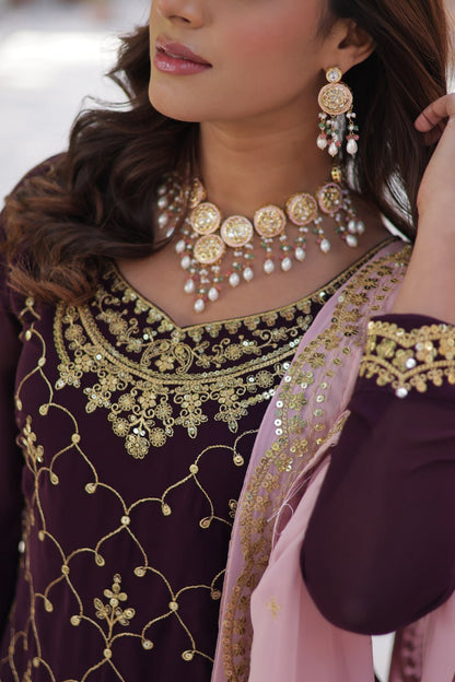 Ceremony Wear Coffee Color Faux Blooming With Sequins Embroidered Designer Kurit Palazzo Suit
