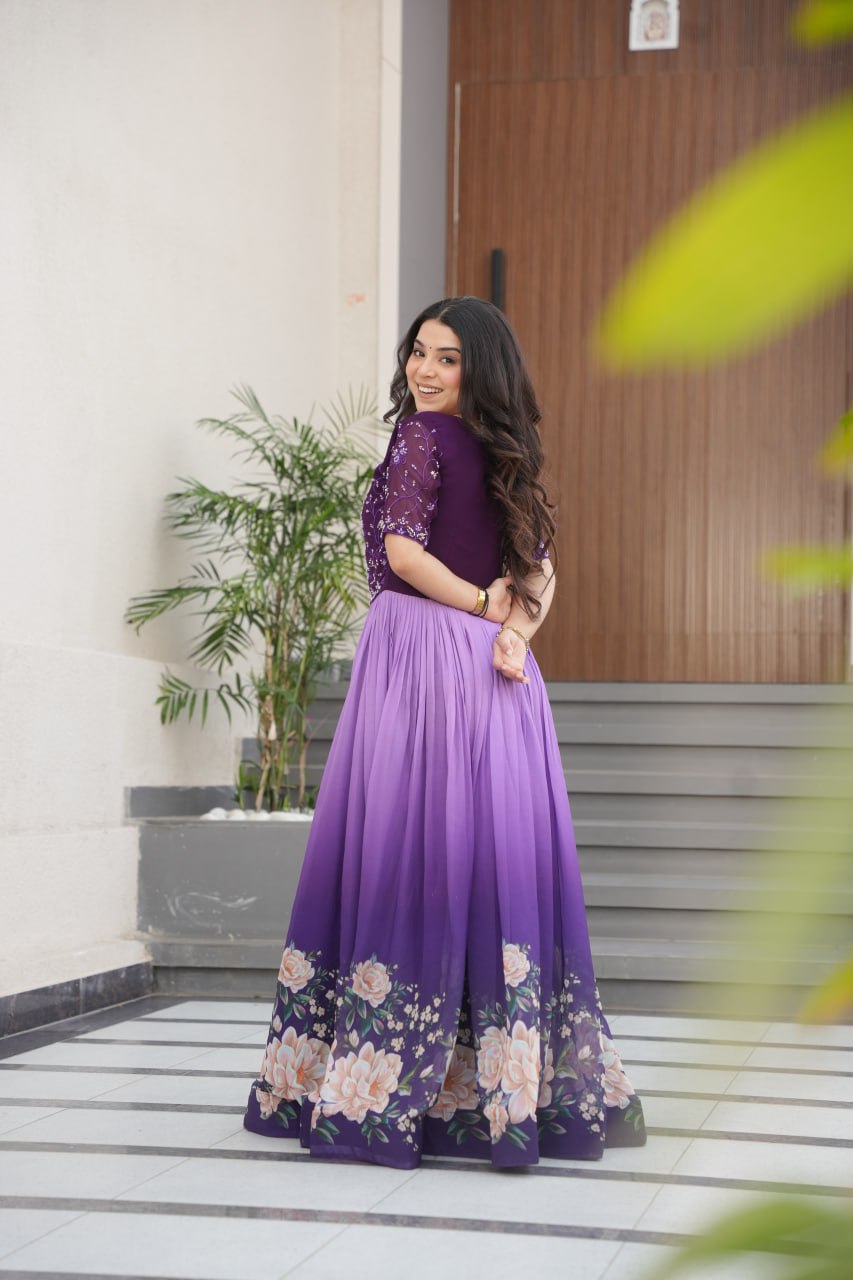 Function Wear Purple Color Faux Blooming With Embroidered Work And Rich Floral Padding Digital Printed Gown
